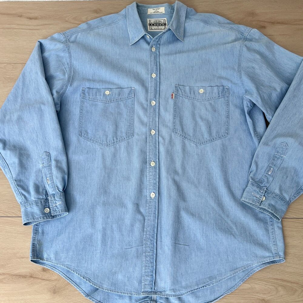 Vintage 90s Levi's White Label 100% Cotton Denim Men's Lrg Long Sleeve Button Up
